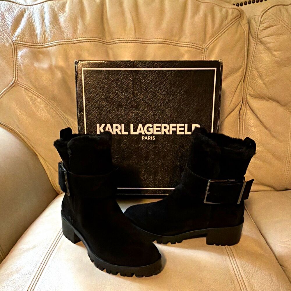 Karl Lagerfeld Paris Suede Ankle Bootie 6.5M Shearling Preslie Black Buckle